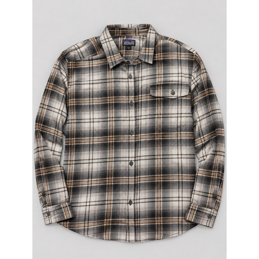 Patagonia Men’s Large Organic Cotton Plaid Flannel Button Up Shirt Gray Tan